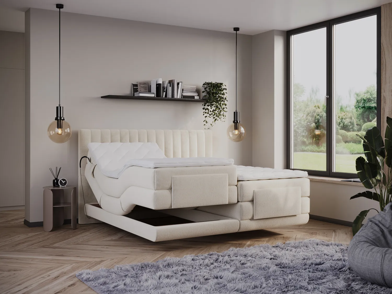 Ensemble complet boxspring tête de lit coutures verticales + sommiers relaxation électrique + matelas + surmatelas - 2 x 80 x 200 cm - Velours - Beige - DONISI de PALACIO
