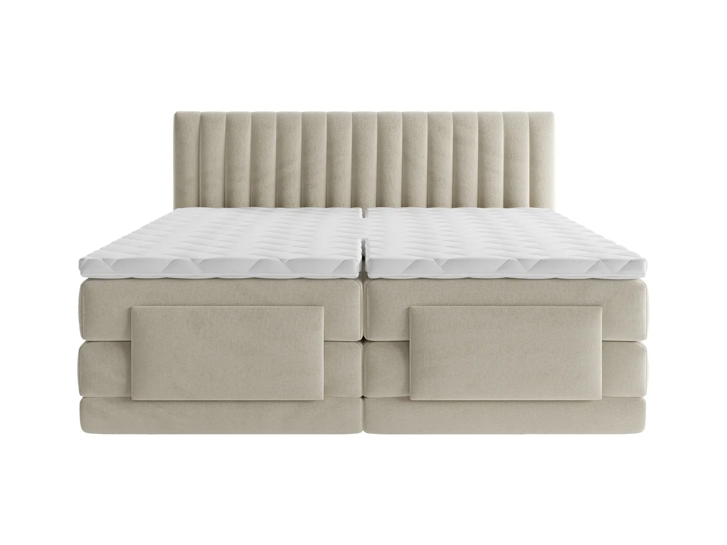 Ensemble complet boxspring tête de lit coutures verticales + sommiers relaxation électrique + matelas + surmatelas - 2 x 80 x 200 cm - Velours - Beige - DONISI de PALACIO