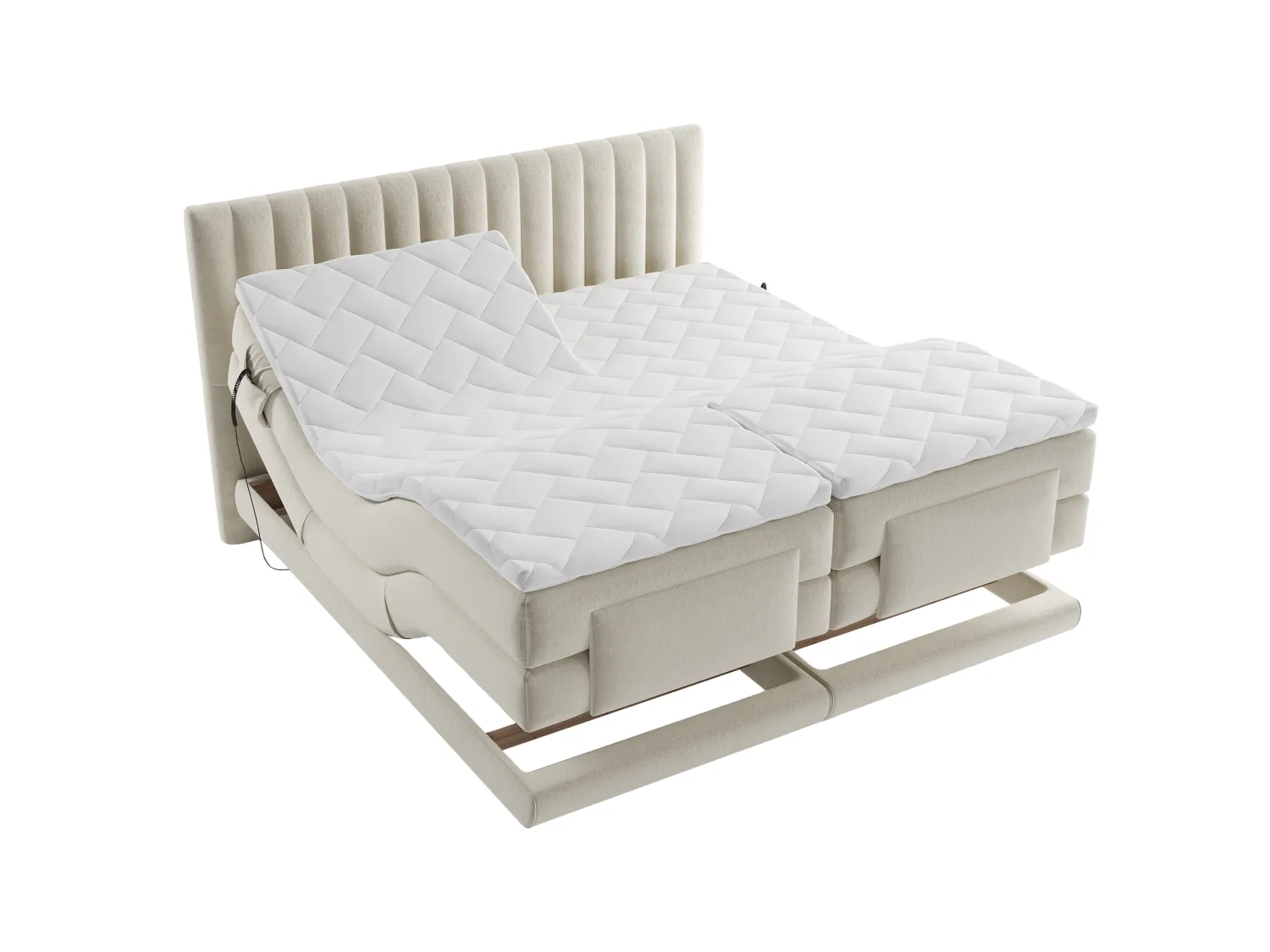 Ensemble complet boxspring tête de lit coutures verticales + sommiers relaxation électrique + matelas + surmatelas - 2 x 80 x 200 cm - Velours - Beige - DONISI de PALACIO