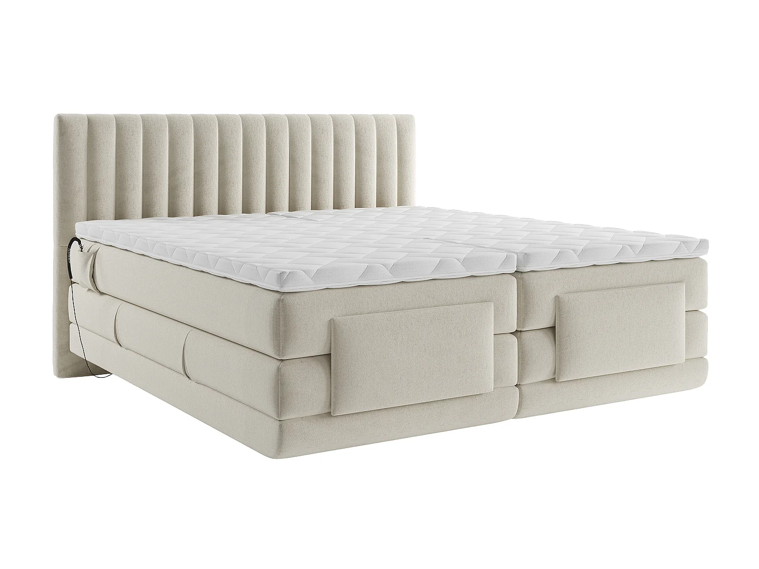 Ensemble complet boxspring tête de lit coutures verticales + sommiers relaxation électrique + matelas + surmatelas - 2 x 80 x 200 cm - Velours - Beige - DONISI de PALACIO