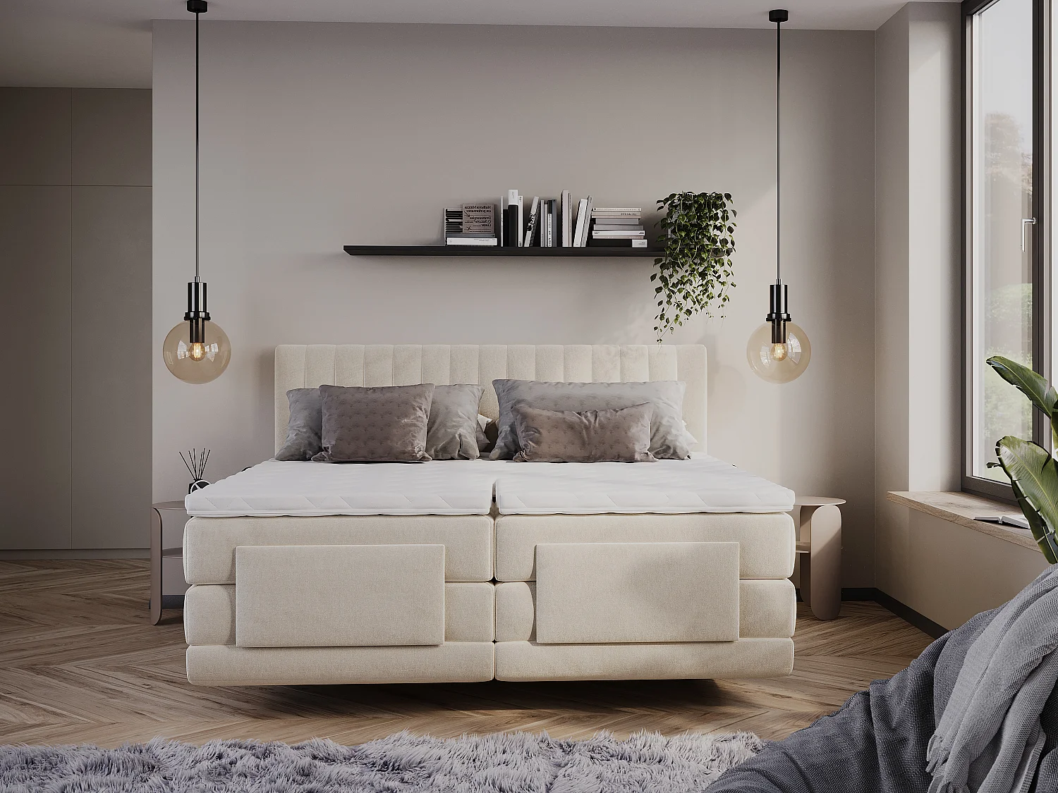 Ensemble complet boxspring tête de lit coutures verticales + sommiers relaxation électrique + matelas + surmatelas - 2 x 80 x 200 cm - Velours - Beige - DONISI de PALACIO