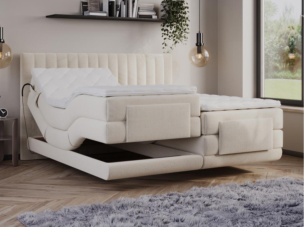 Ensemble complet boxspring tête de lit coutures verticales + sommiers relaxation électrique + matelas + surmatelas - 2 x 80 x 200 cm - Velours - Beige - DONISI de PALACIO