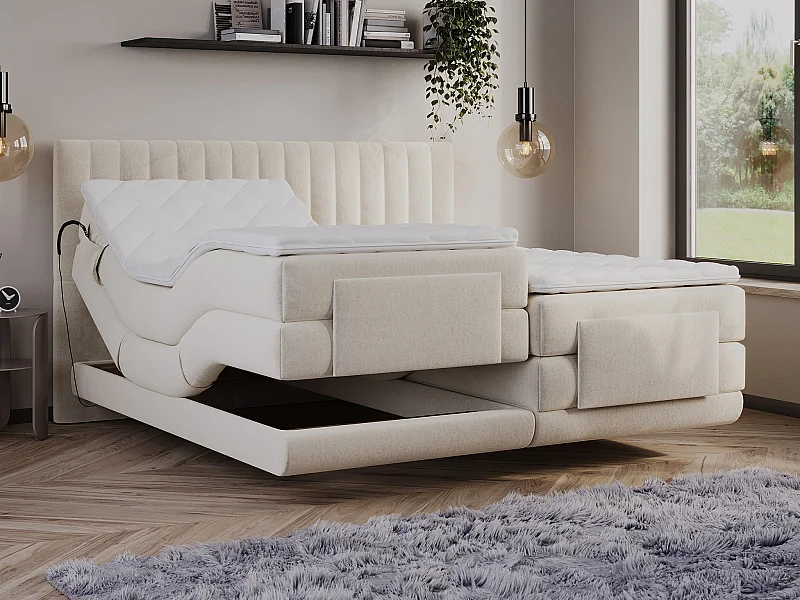 Boxspringbett mit vertikalen Ziernähten am Kopfteil + elektrischem Untergestell mit Relaxfunktion + Matratze + Topper - 2 x 90 x 200 cm - Samt - Beige - DONISI von PALACIO