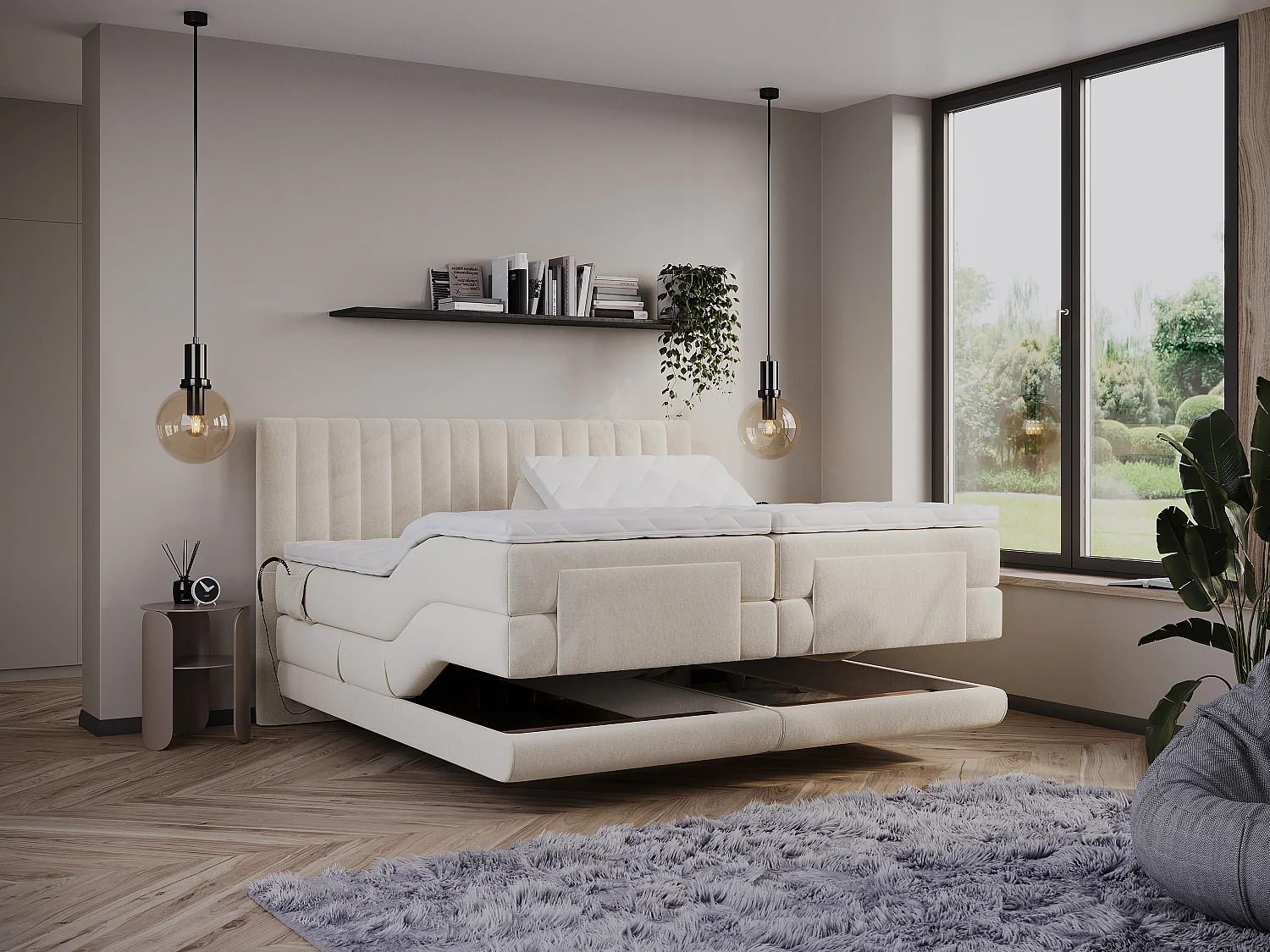 Complete set boxspringbed met hoofdbord met verticale stiksels + elektrische relaxbedbodems + matras + dekmatras - 2 x 90 x 200 cm - Velours - Beige - DONSI van PALACIO