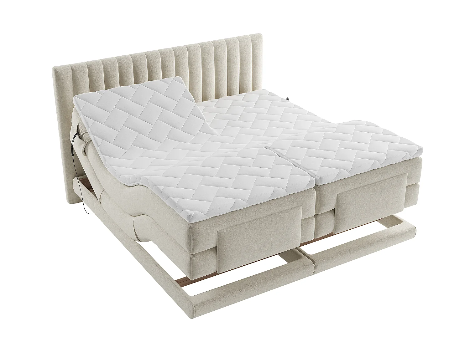 Ensemble complet boxspring tête de lit coutures verticales + sommiers relaxation électrique + matelas + surmatelas - 2 x 90 x 200 cm - Velours - Beige - DONISI de PALACIO