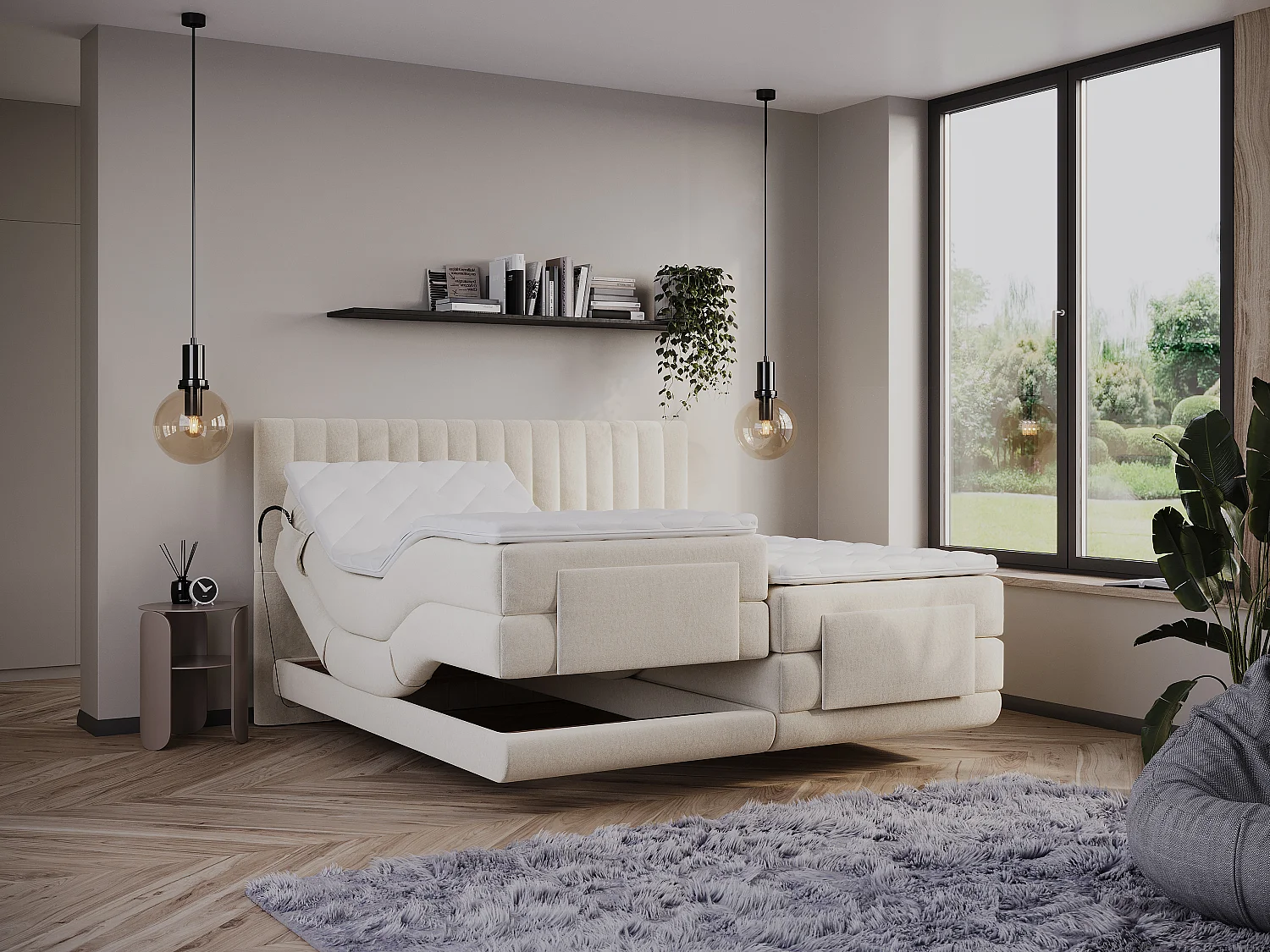 Ensemble complet boxspring tête de lit coutures verticales + sommiers relaxation électrique + matelas + surmatelas - 2 x 90 x 200 cm - Velours - Beige - DONISI de PALACIO