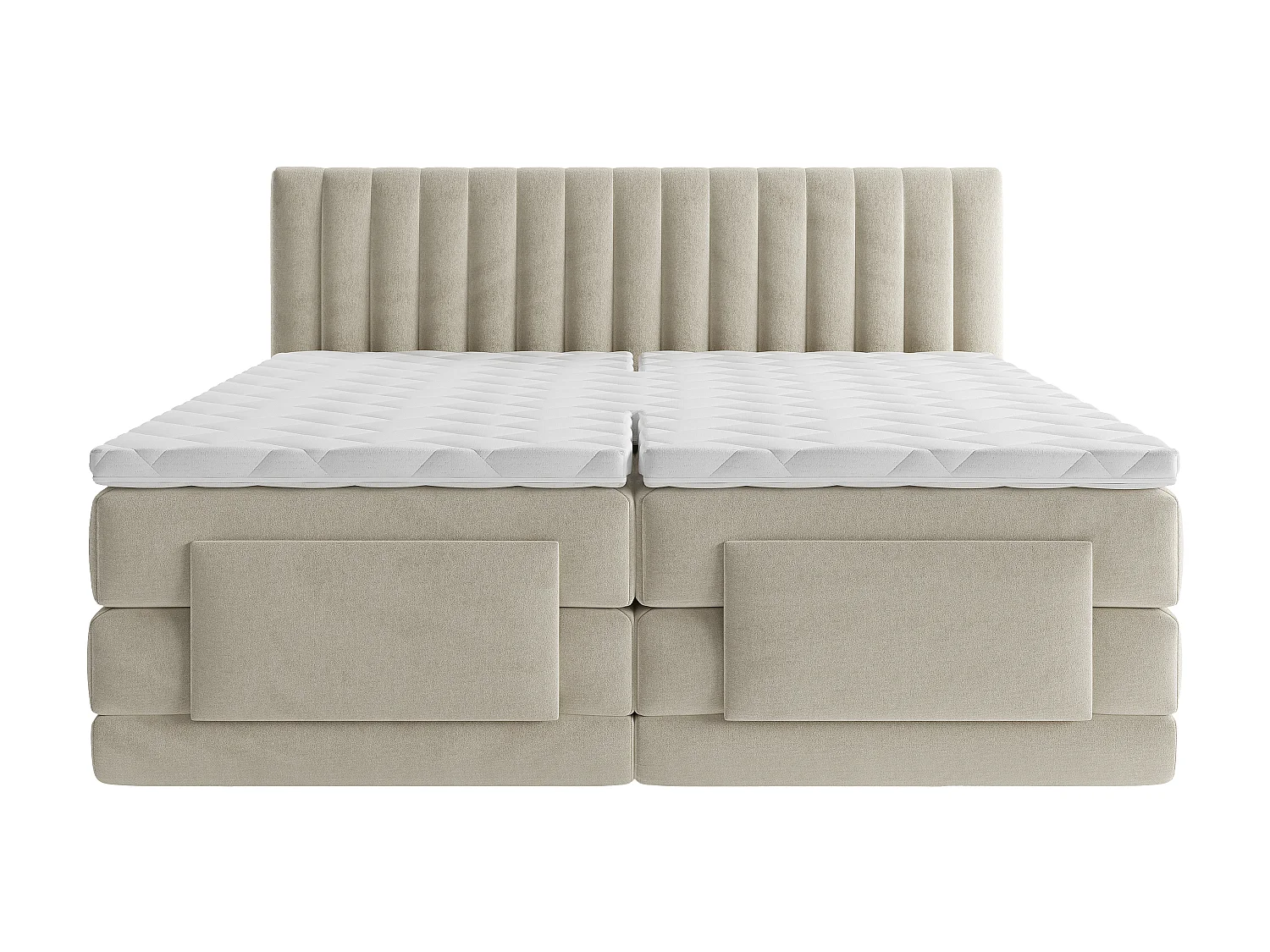 Ensemble complet boxspring tête de lit coutures verticales + sommiers relaxation électrique + matelas + surmatelas - 2 x 90 x 200 cm - Velours - Beige - DONISI de PALACIO