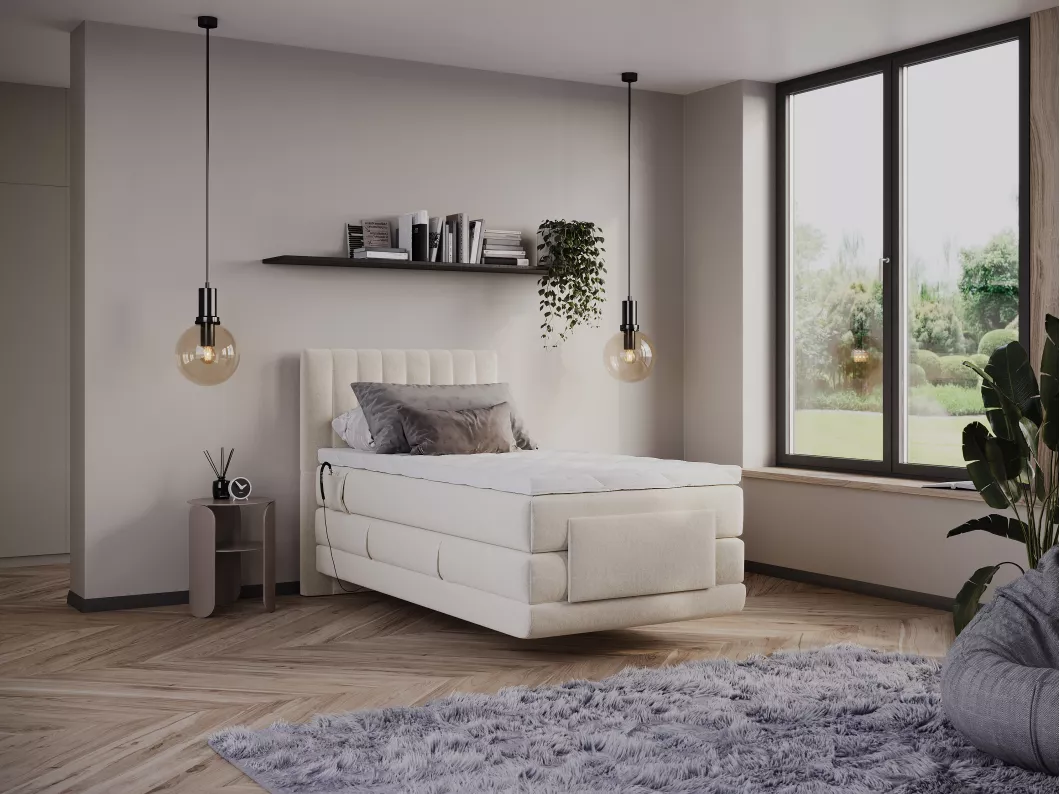 Kauf Unique Boxspringbett mit vertikalen Ziernähten am Kopfteil + elektrischem Untergestell mit Relaxfunktion + Matratze + Topper - 100 x 200 cm - Samt - Beige - DONISI von PALACIO