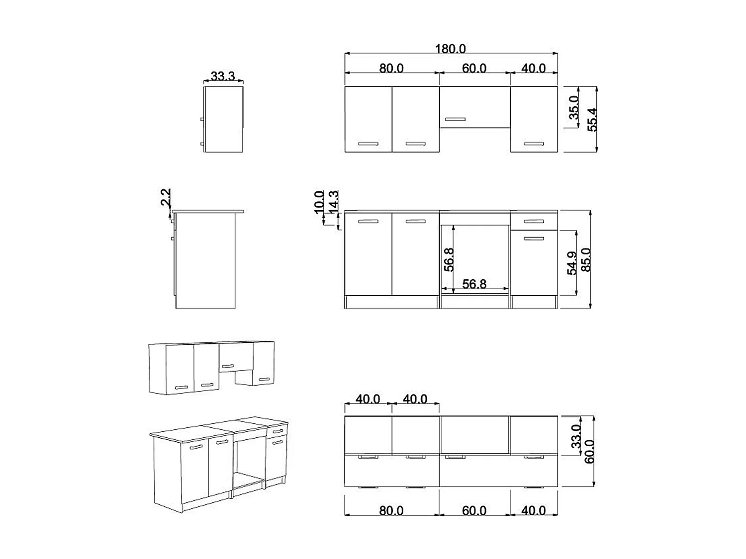 Cuisine complète - Avec plan de travail 180 cm - Naturel et Noir - TRATTORIA