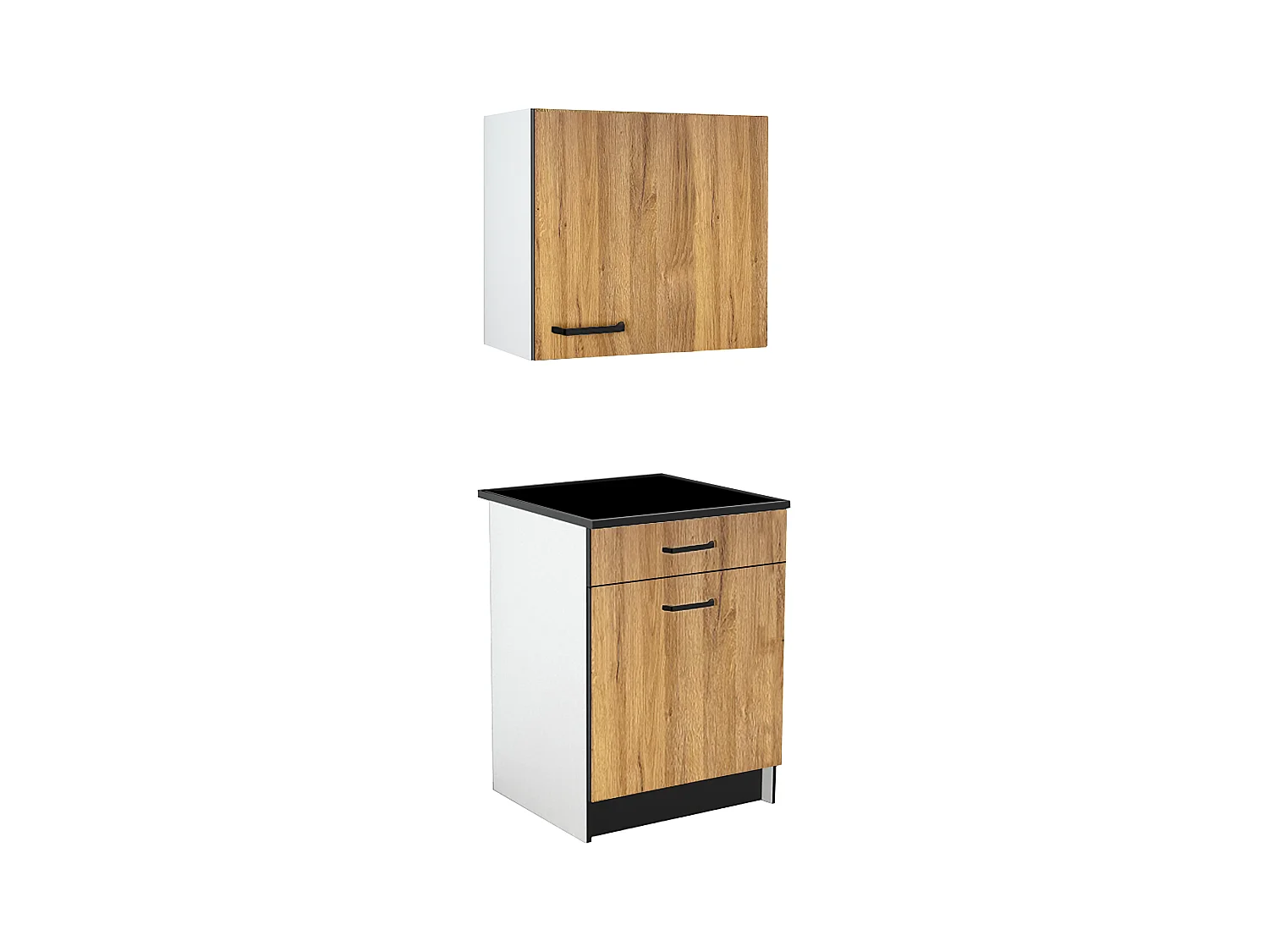Caissons de cuisine - 1 meuble bas & 1 meuble haut - 2 portes & 1 tiroir - Naturel & Noir - TRATTORIA