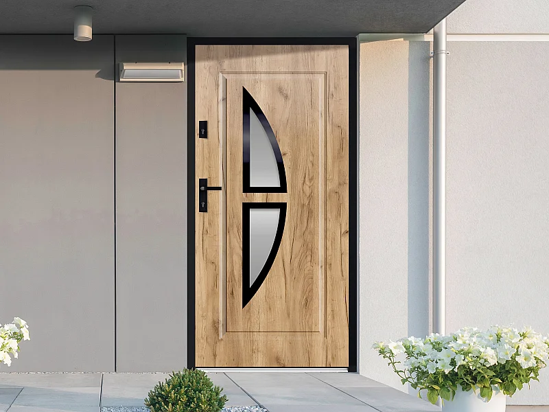 Porte d'entrée en acier vitrée et  inox H207 x L100 cm effet chêne - poussant droit - COVAS