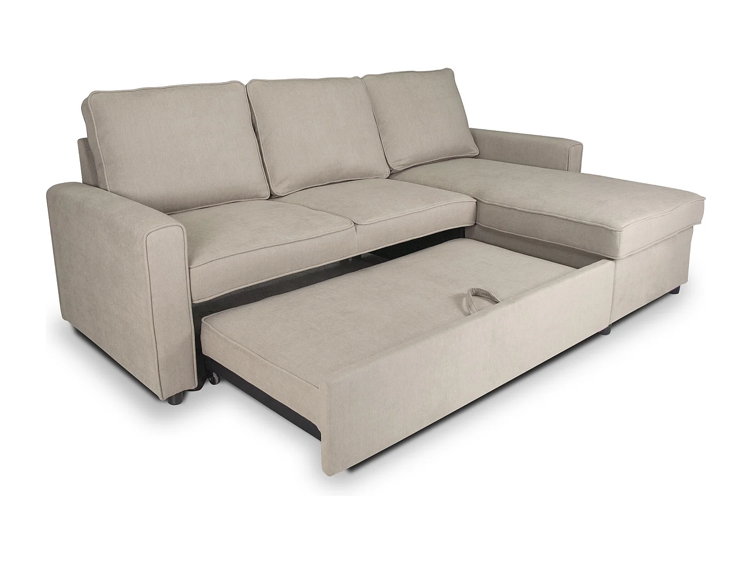 Divano letto angolare con contenitore, divano con chaise longue tortora mod. Kennedy