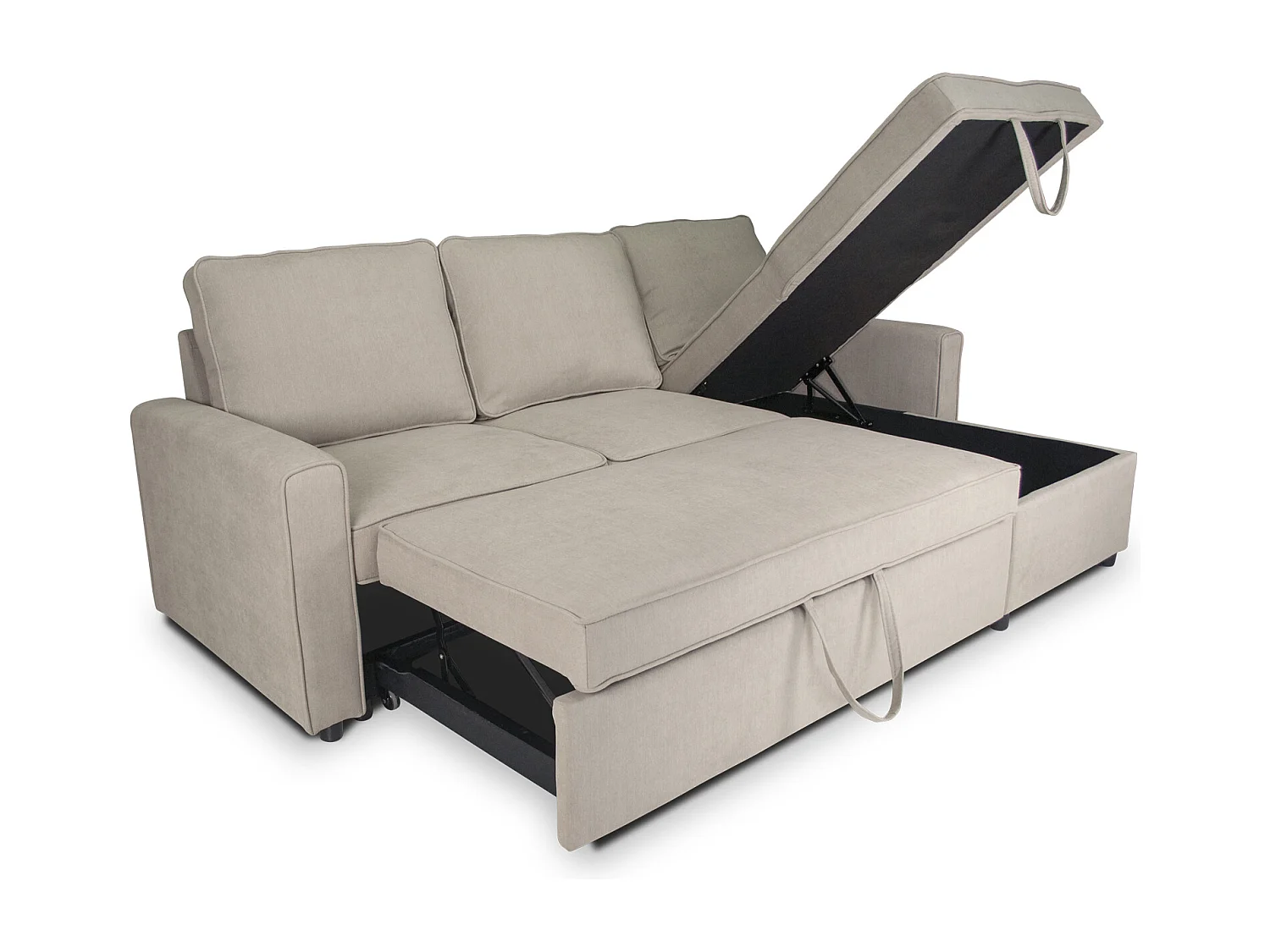 Divano letto angolare con contenitore, divano con chaise longue tortora mod. Kennedy