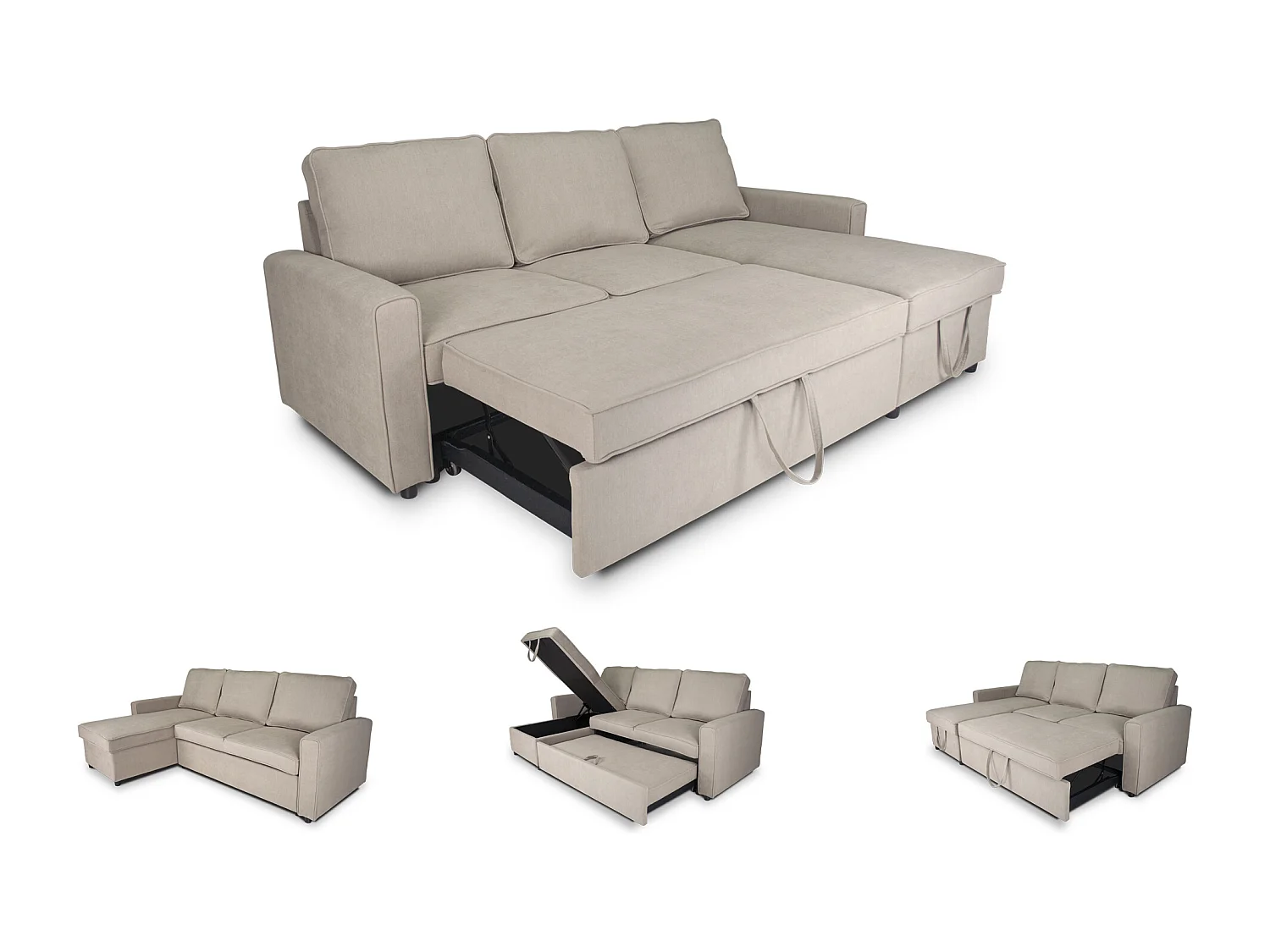 Divano letto angolare con contenitore, divano con chaise longue tortora mod. Kennedy