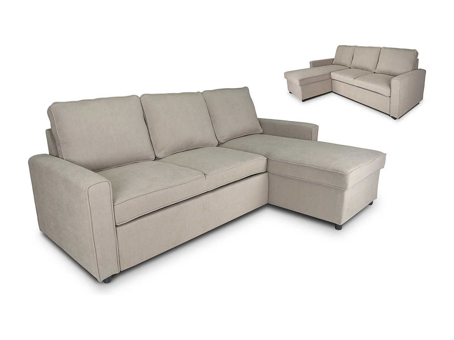 Divano letto angolare con contenitore, divano con chaise longue tortora mod. Kennedy