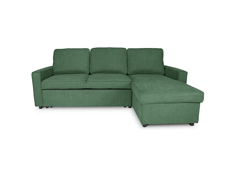 Divano letto angolare con contenitore, divano con chaise longue verde abete mod. Kennedy