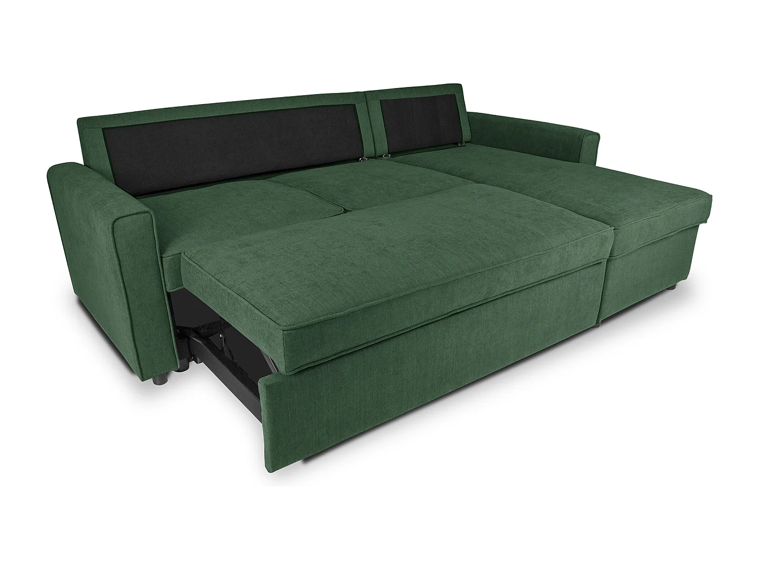 Divano letto angolare con contenitore, divano con chaise longue verde abete mod. Kennedy