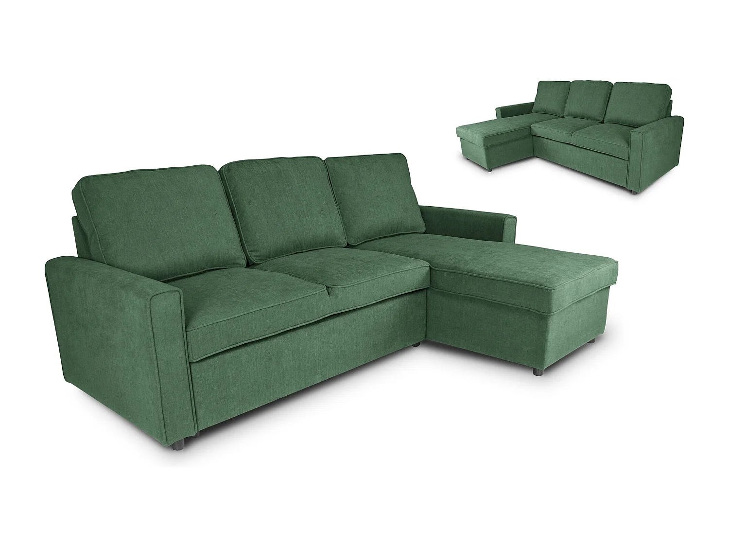 Divano letto angolare con contenitore, divano con chaise longue verde abete mod. Kennedy