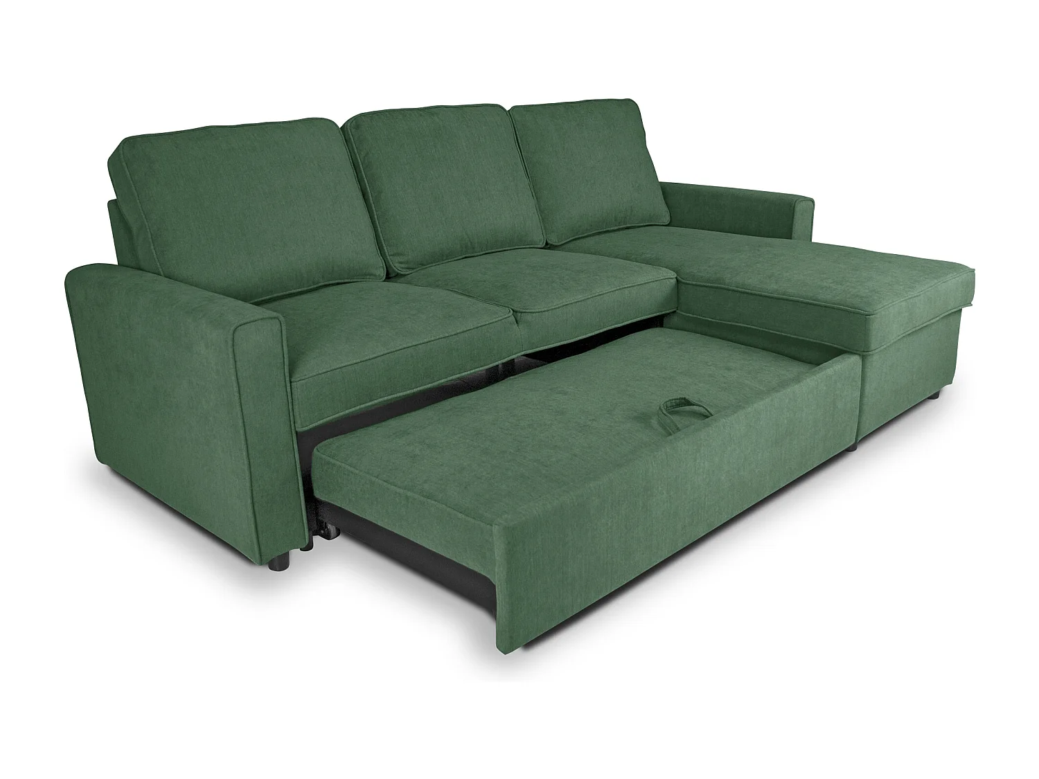 Divano letto angolare con contenitore, divano con chaise longue verde abete mod. Kennedy