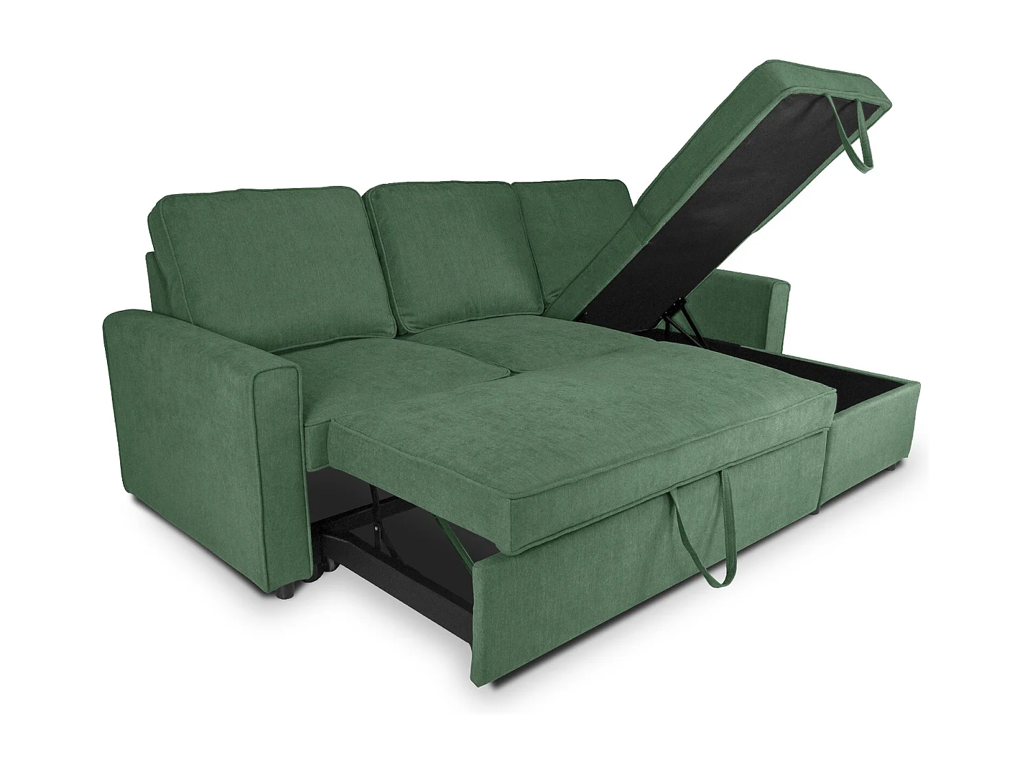 Divano letto angolare con contenitore, divano con chaise longue verde abete mod. Kennedy