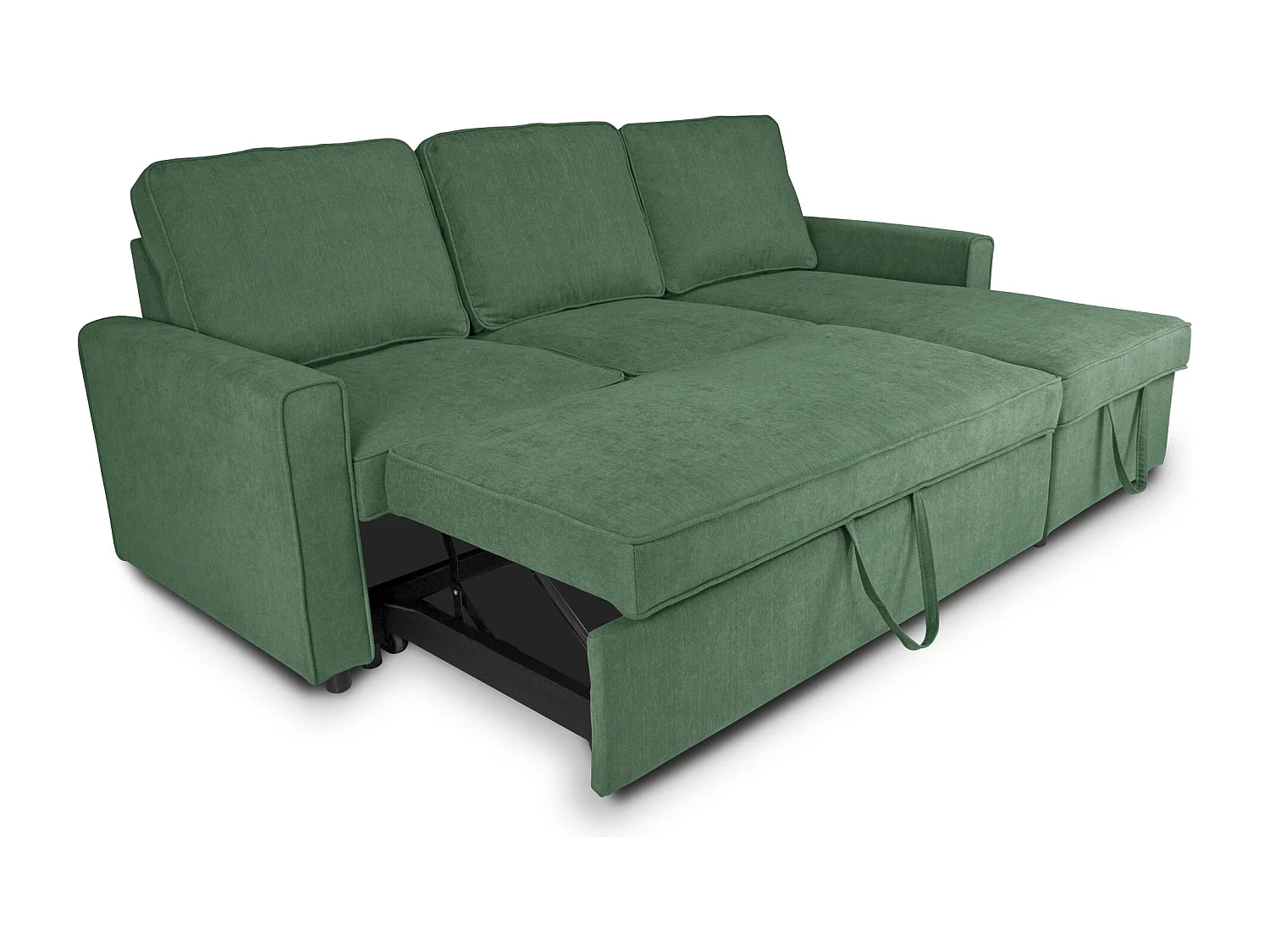 Divano letto angolare con contenitore, divano con chaise longue verde abete mod. Kennedy