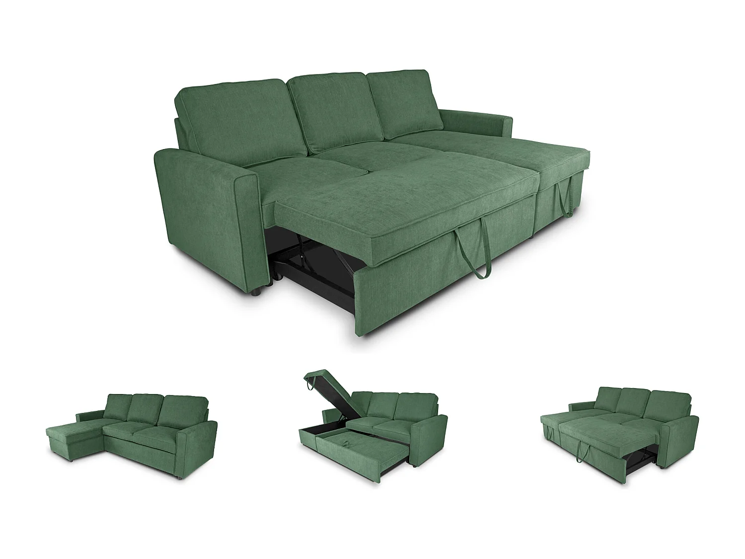 Divano letto angolare con contenitore, divano con chaise longue verde abete mod. Kennedy