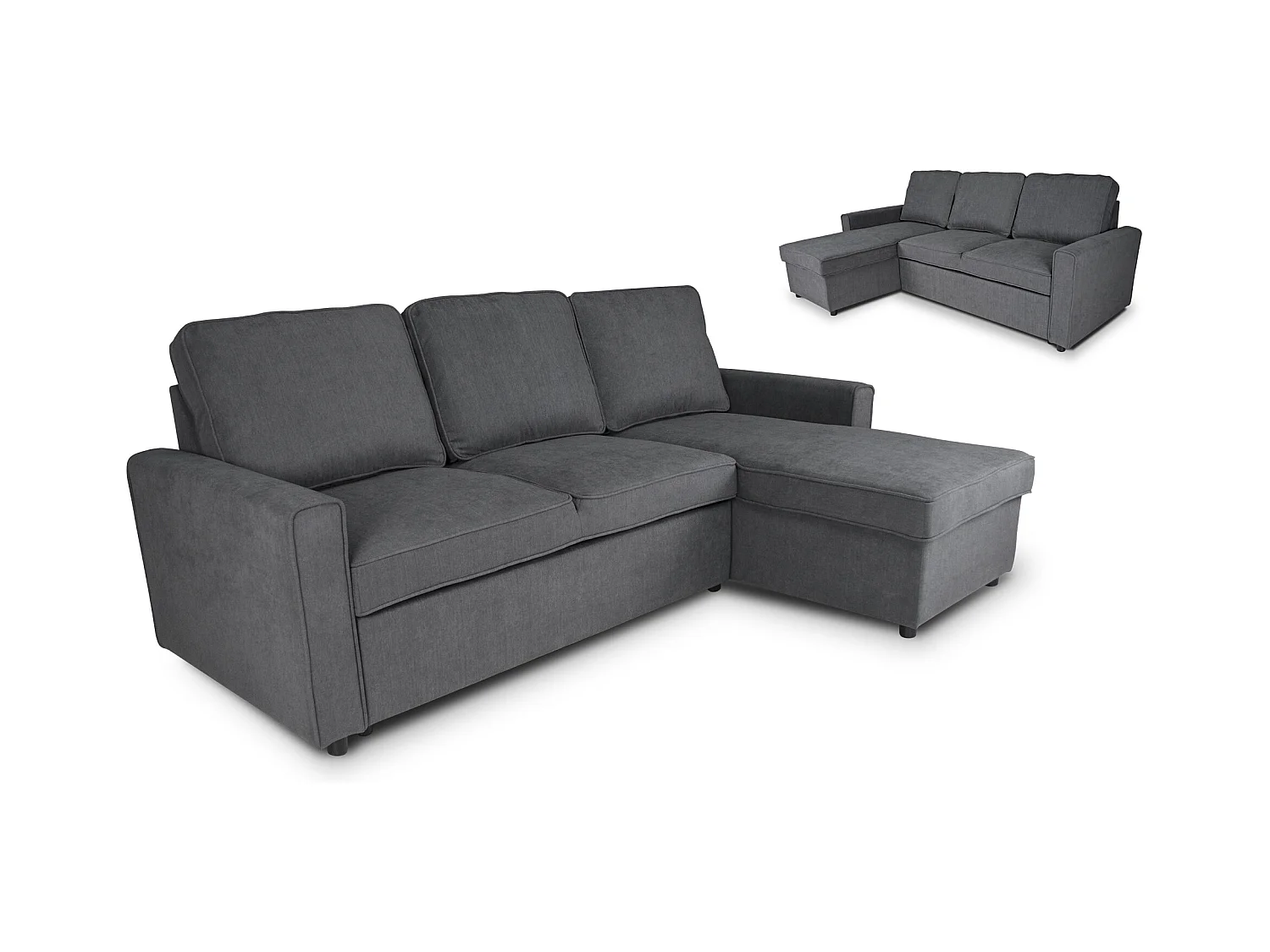 Divano letto angolare con contenitore, divano con chaise longue grigio scuro mod. Kennedy