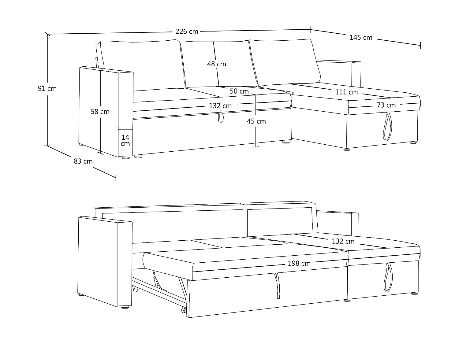 Divano letto angolare con contenitore, divano con chaise longue grigio scuro mod. Kennedy