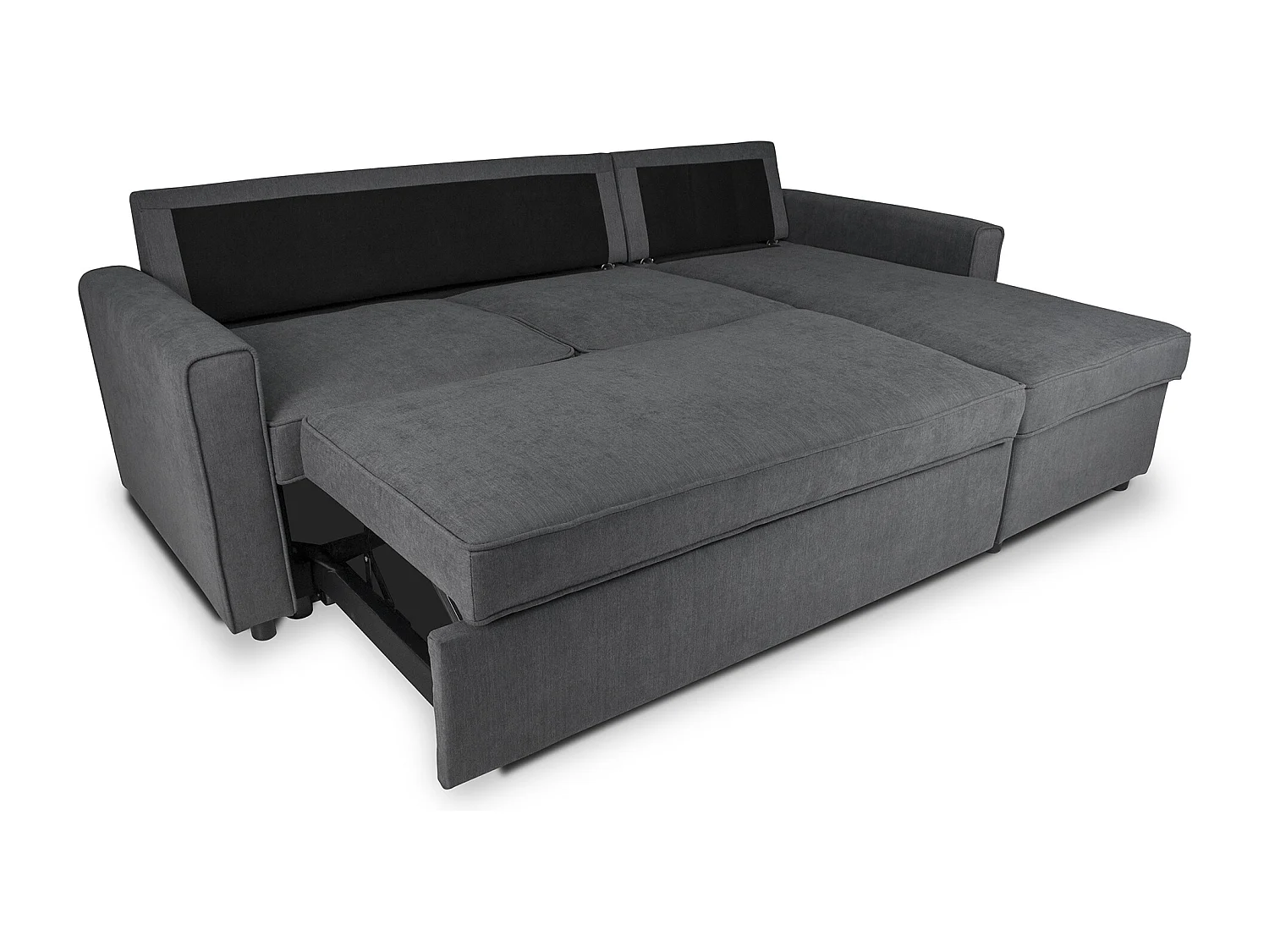 Divano letto angolare con contenitore, divano con chaise longue grigio scuro mod. Kennedy