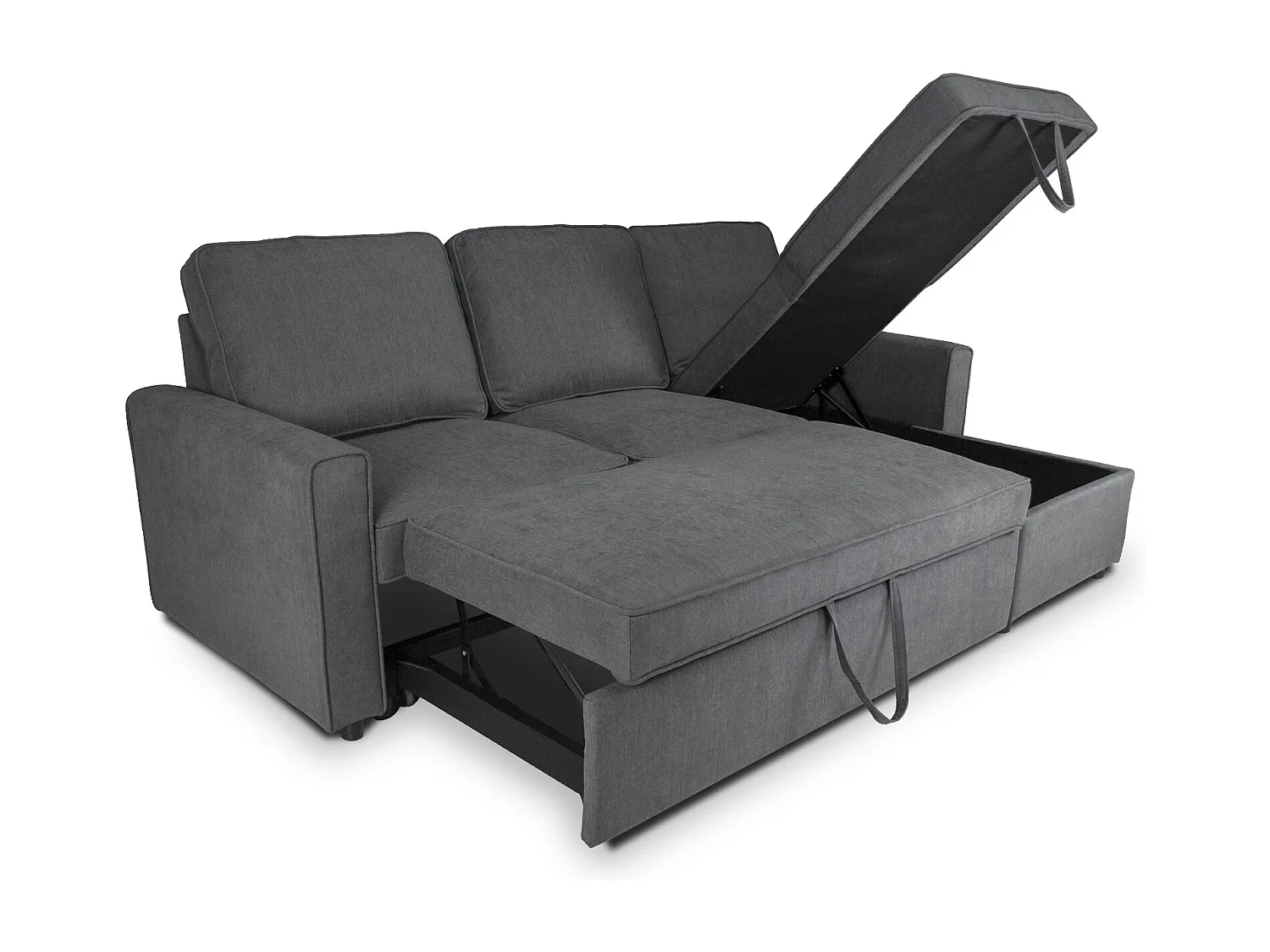 Divano letto angolare con contenitore, divano con chaise longue grigio scuro mod. Kennedy