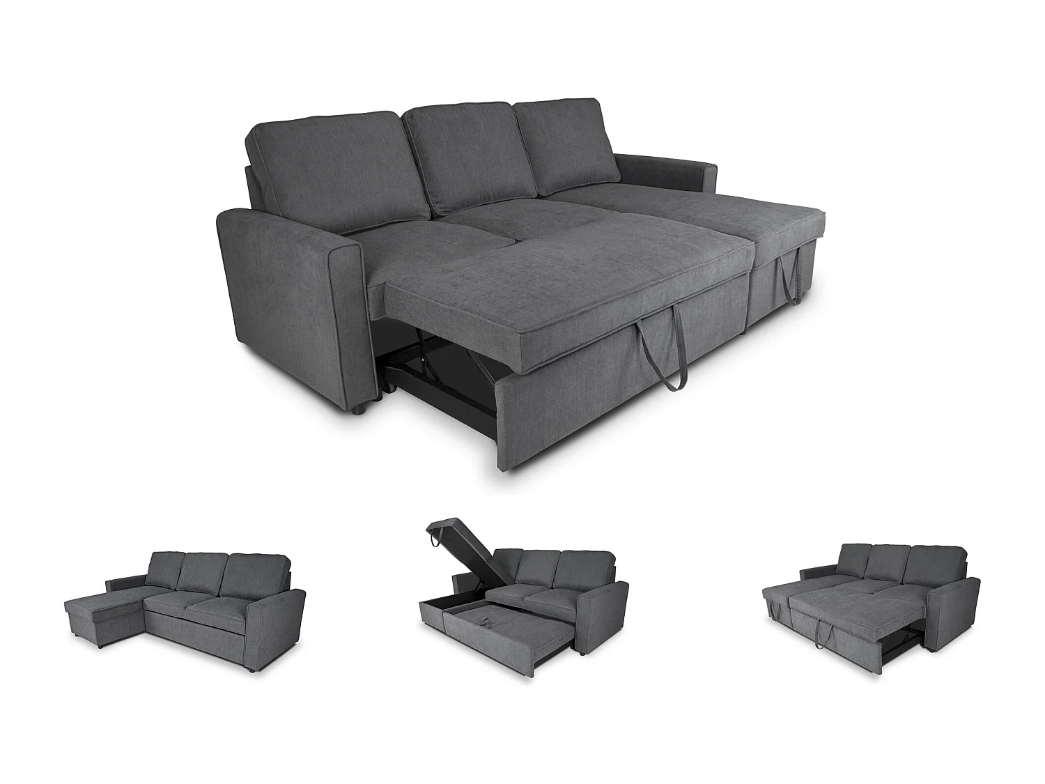 Divano letto angolare con contenitore, divano con chaise longue grigio scuro mod. Kennedy