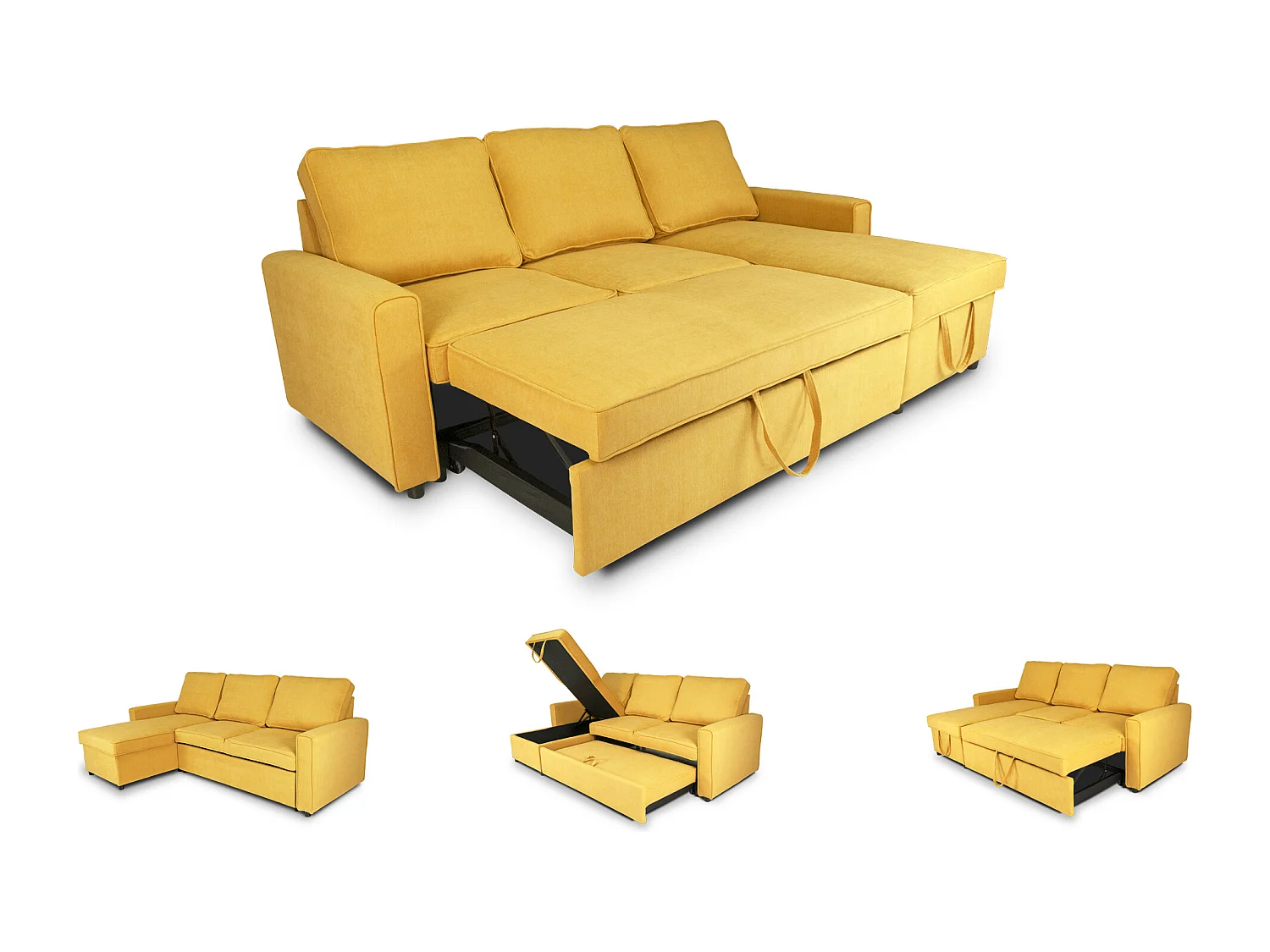 Divano letto angolare con contenitore, divano con chaise longue giallo mod. Kennedy