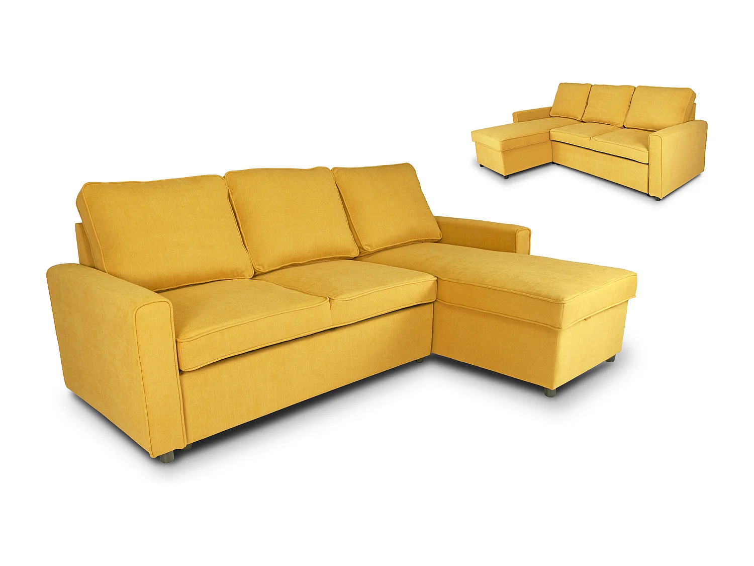 Divano letto angolare con contenitore, divano con chaise longue giallo mod. Kennedy