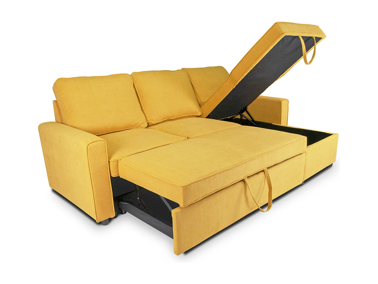 Divano letto angolare con contenitore, divano con chaise longue giallo mod. Kennedy
