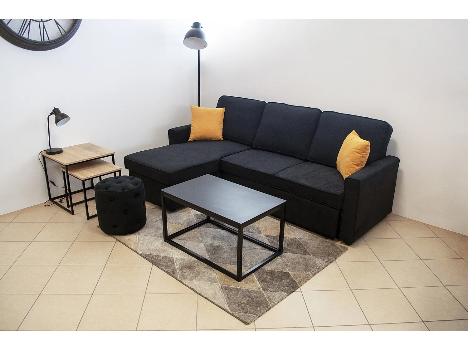 Divano letto angolare con contenitore, divano con chaise longue nero mod. Kennedy