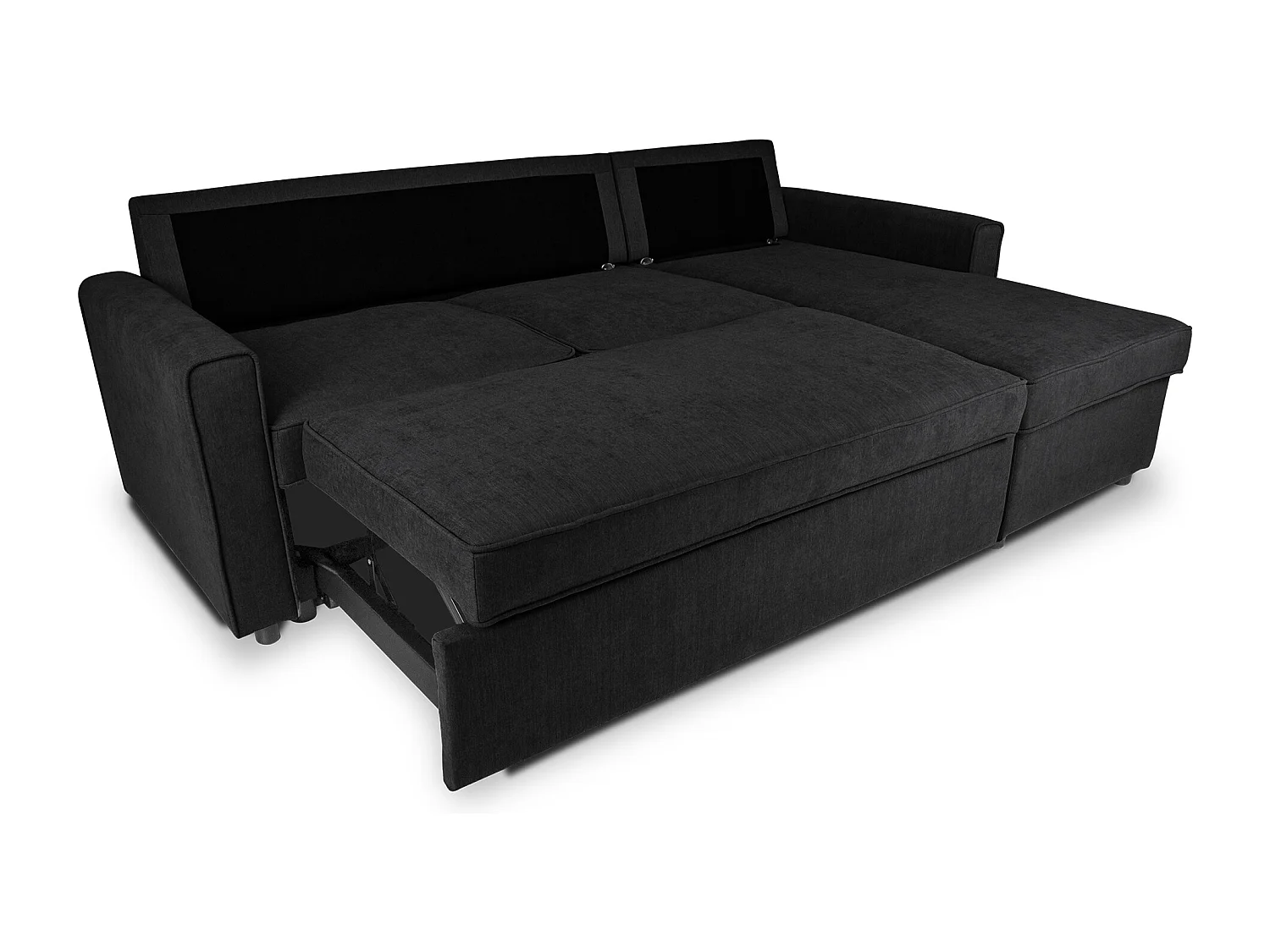 Divano letto angolare con contenitore, divano con chaise longue nero mod. Kennedy
