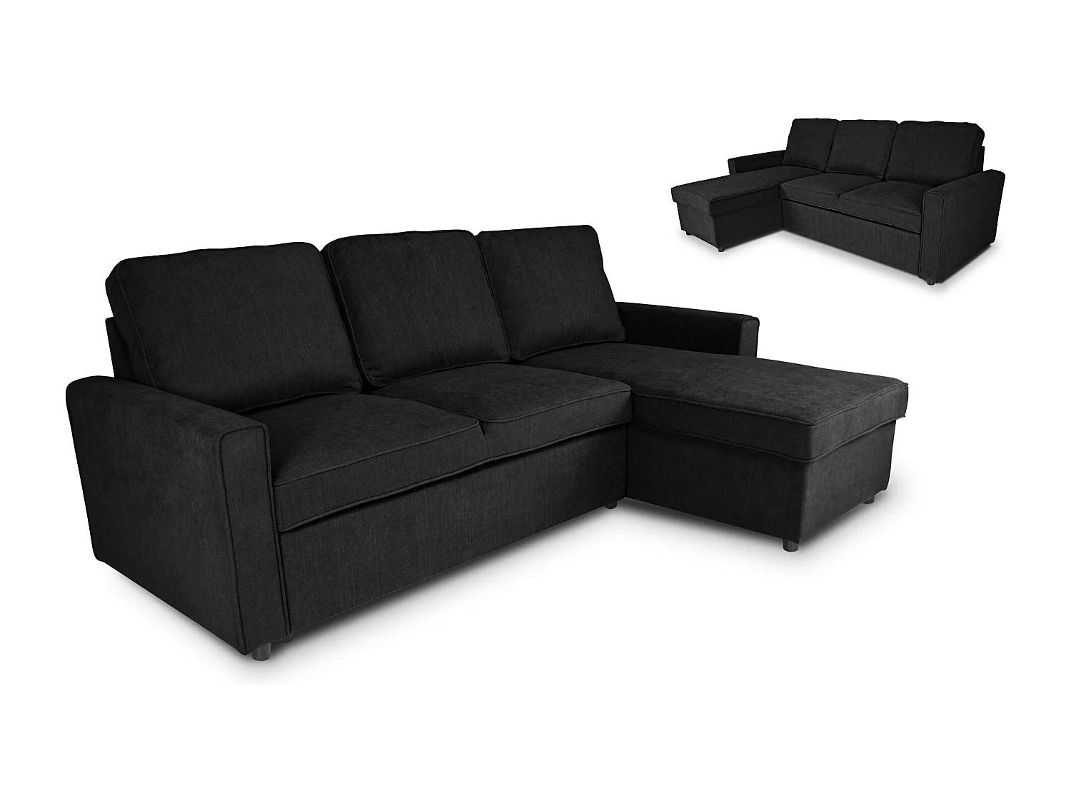 Divano letto angolare con contenitore, divano con chaise longue nero mod. Kennedy