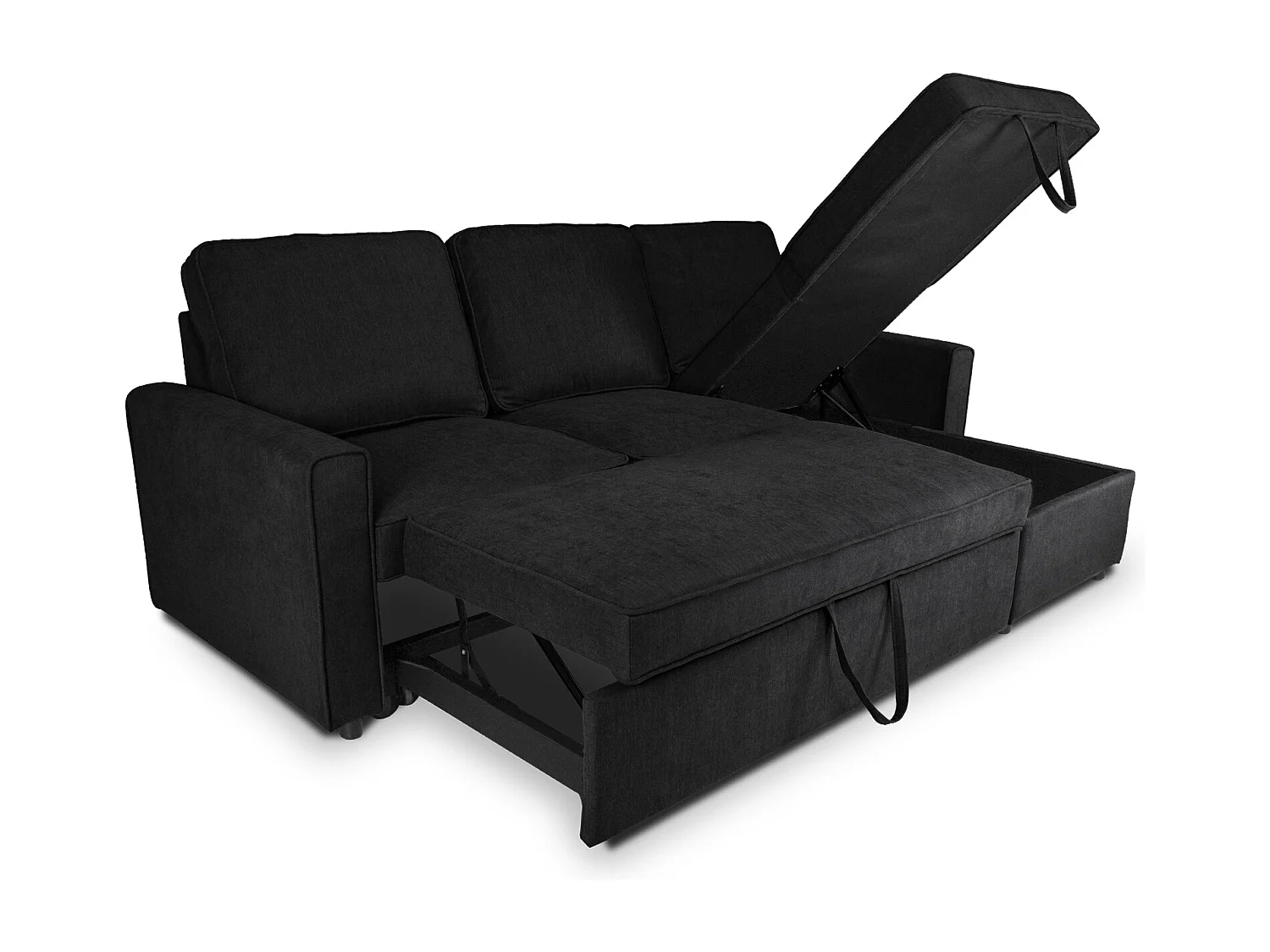 Divano letto angolare con contenitore, divano con chaise longue nero mod. Kennedy