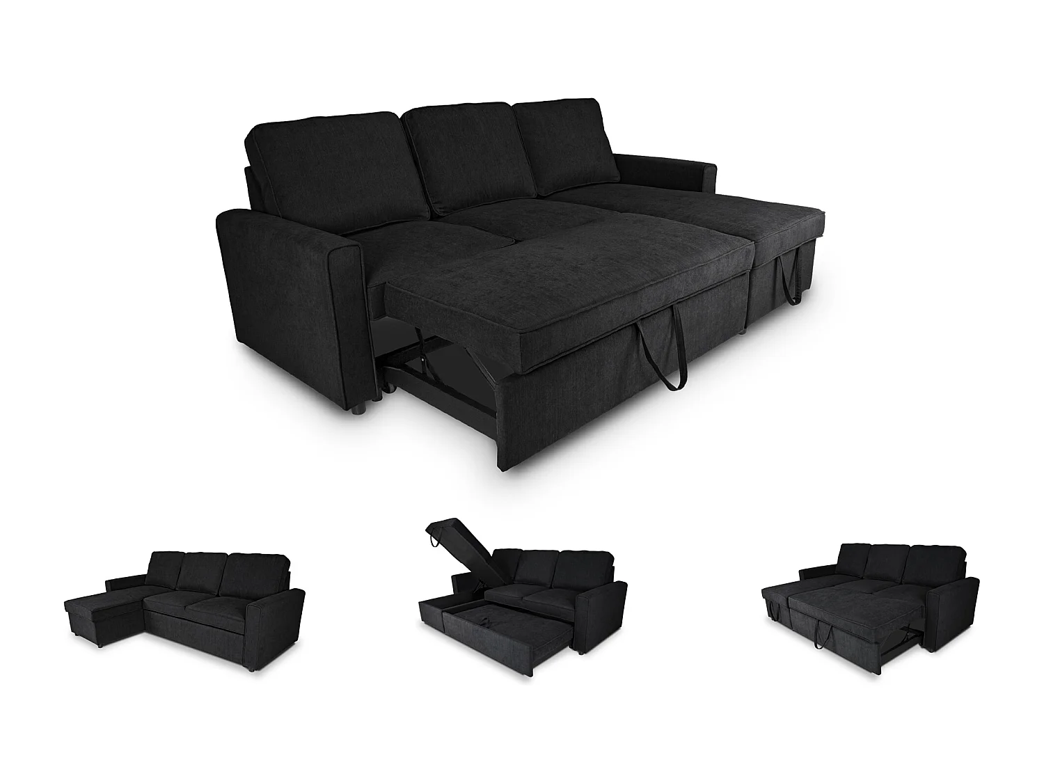 Divano letto angolare con contenitore, divano con chaise longue nero mod. Kennedy