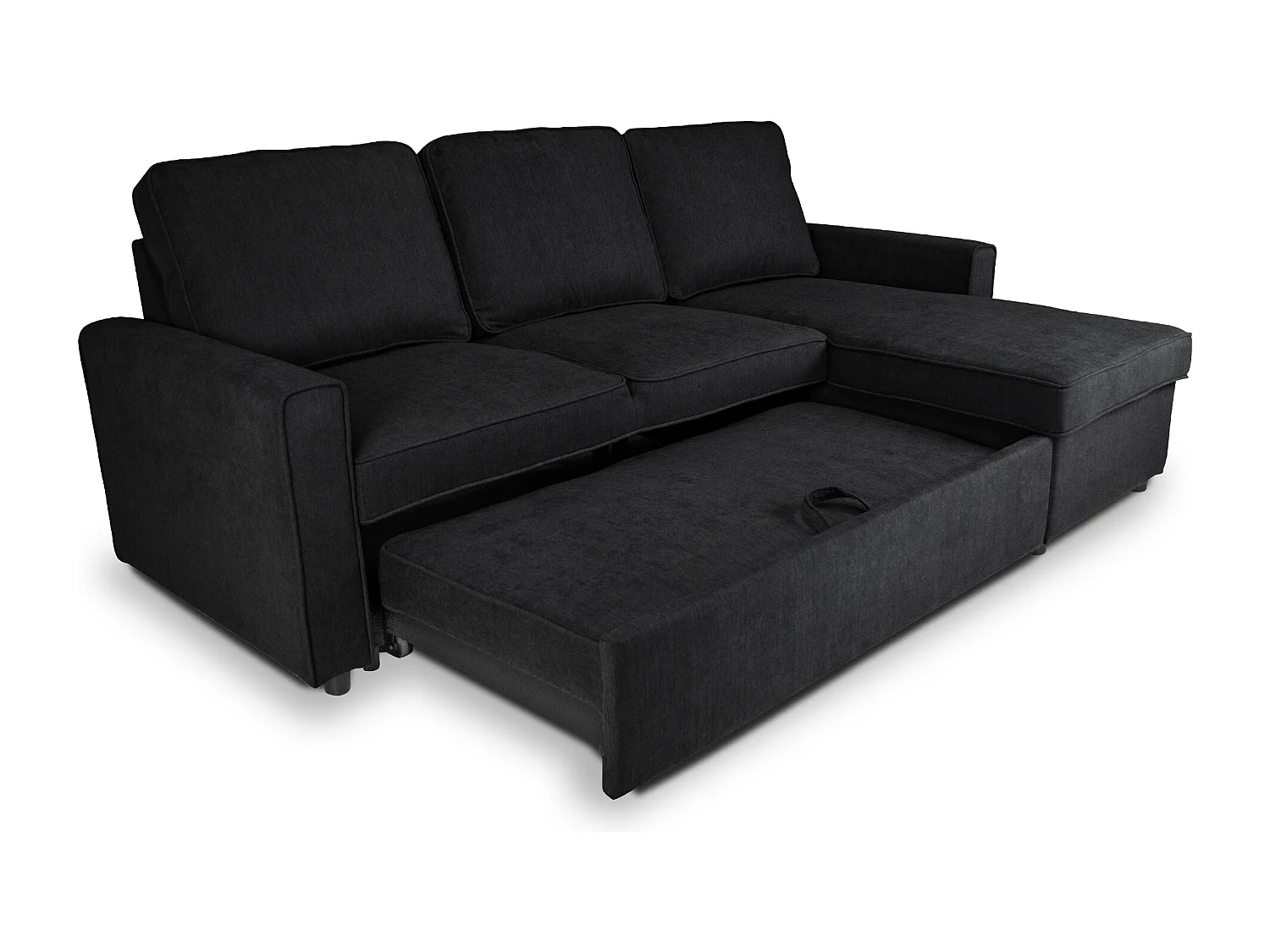 Divano letto angolare con contenitore, divano con chaise longue nero mod. Kennedy