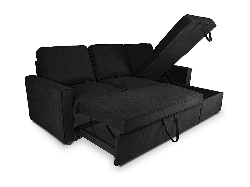 Divano letto angolare con contenitore, divano con chaise longue nero mod. Kennedy