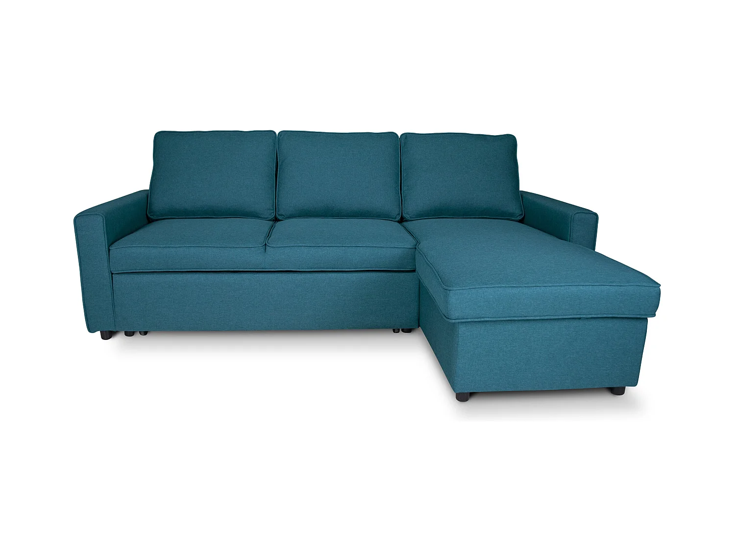 Divano letto angolare con contenitore, divano con chaise longue blu petrolio mod. Kennedy
