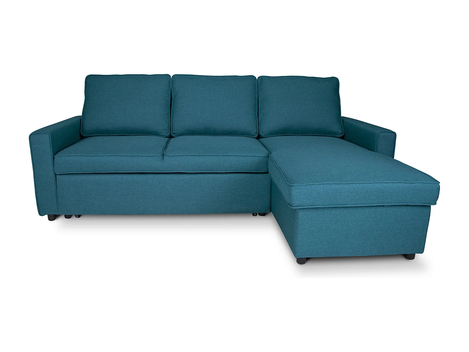 Divano letto angolare con contenitore, divano con chaise longue blu petrolio mod. Kennedy