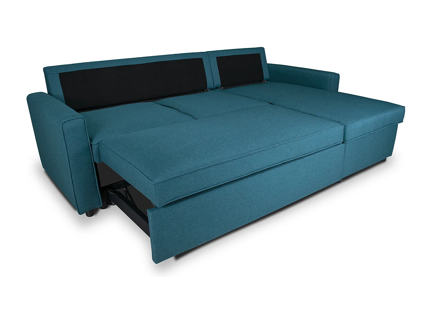 Divano letto angolare con contenitore, divano con chaise longue blu petrolio mod. Kennedy