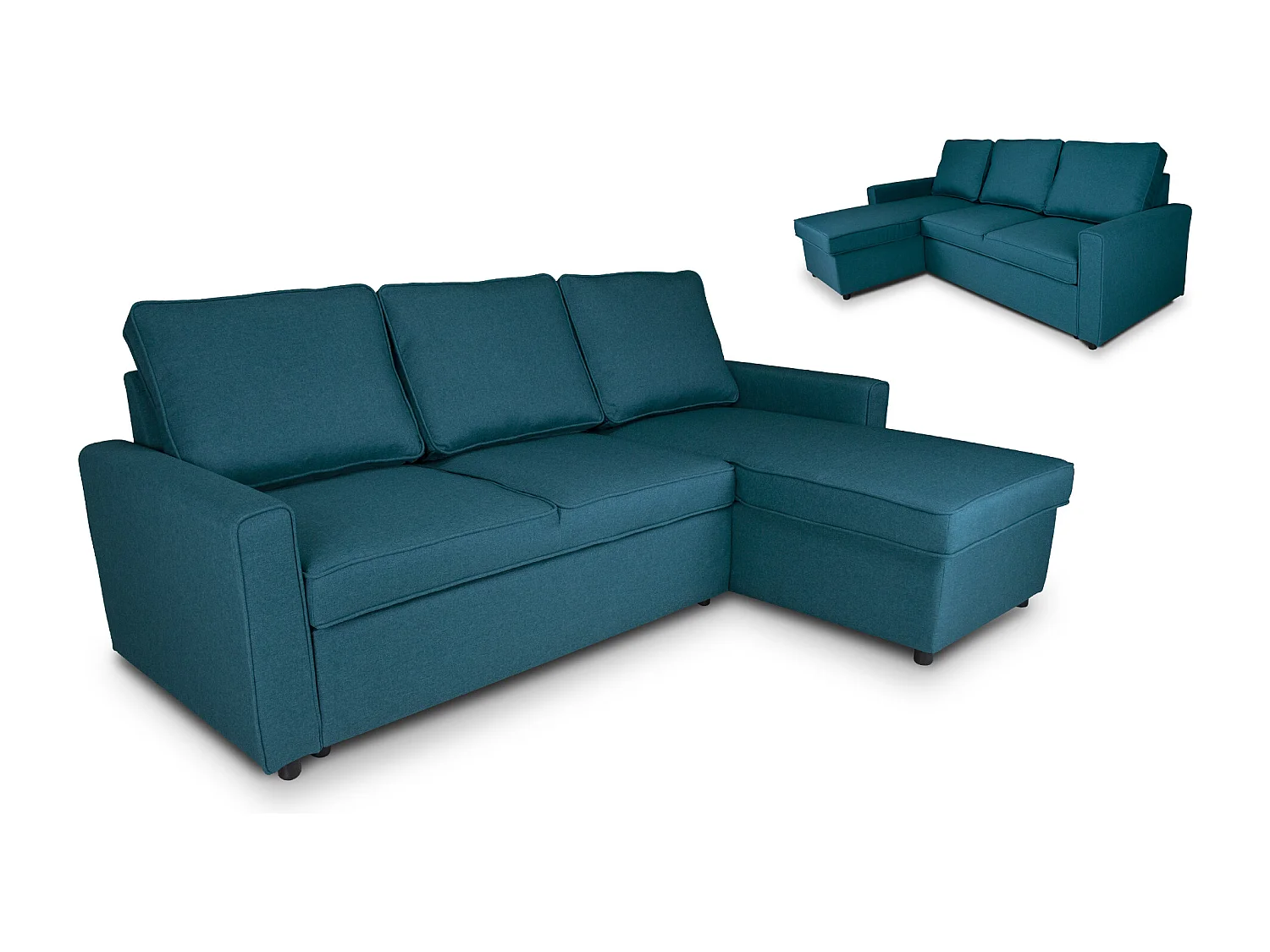 Divano letto angolare con contenitore, divano con chaise longue blu petrolio mod. Kennedy