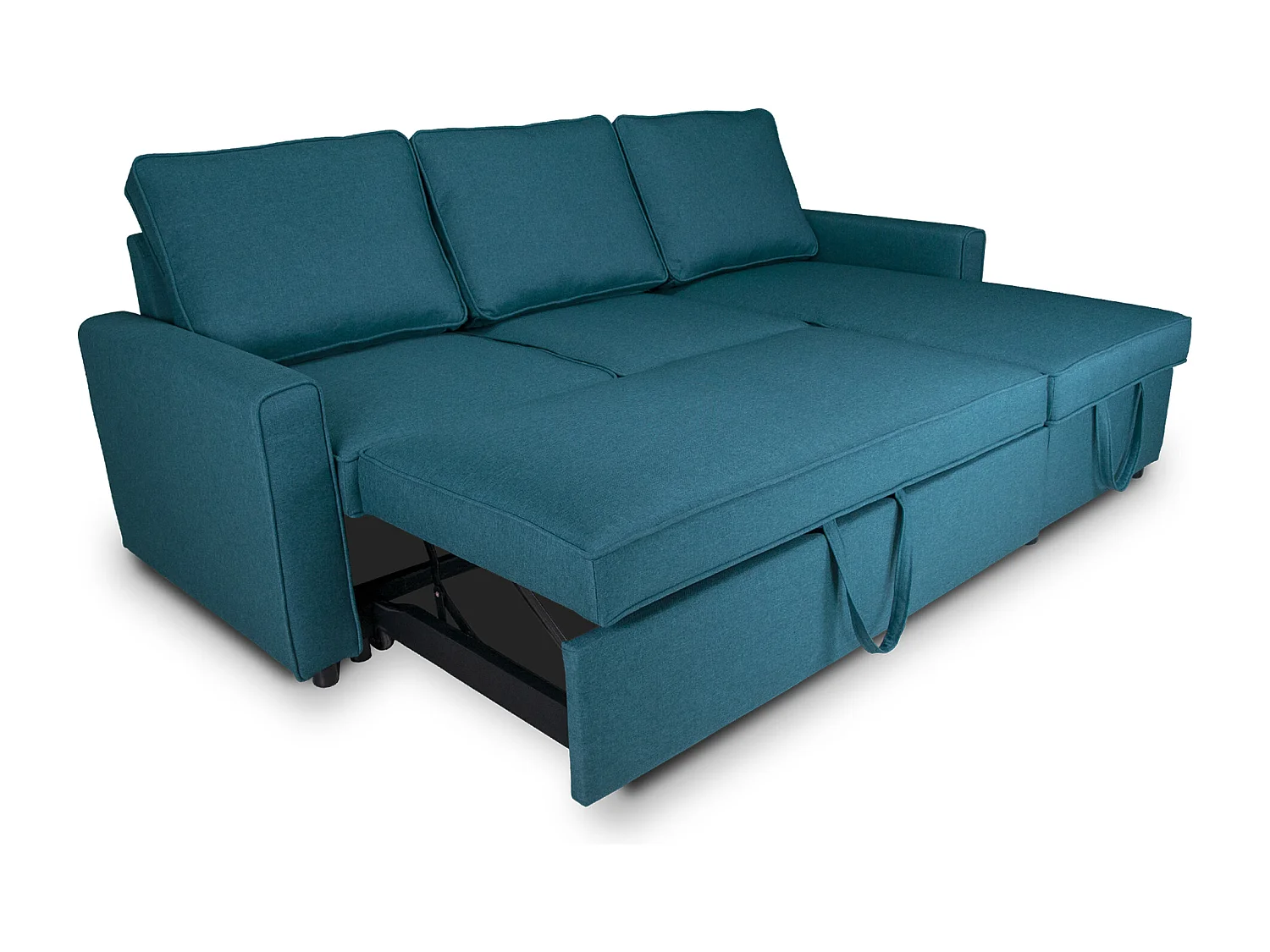 Divano letto angolare con contenitore, divano con chaise longue blu petrolio mod. Kennedy