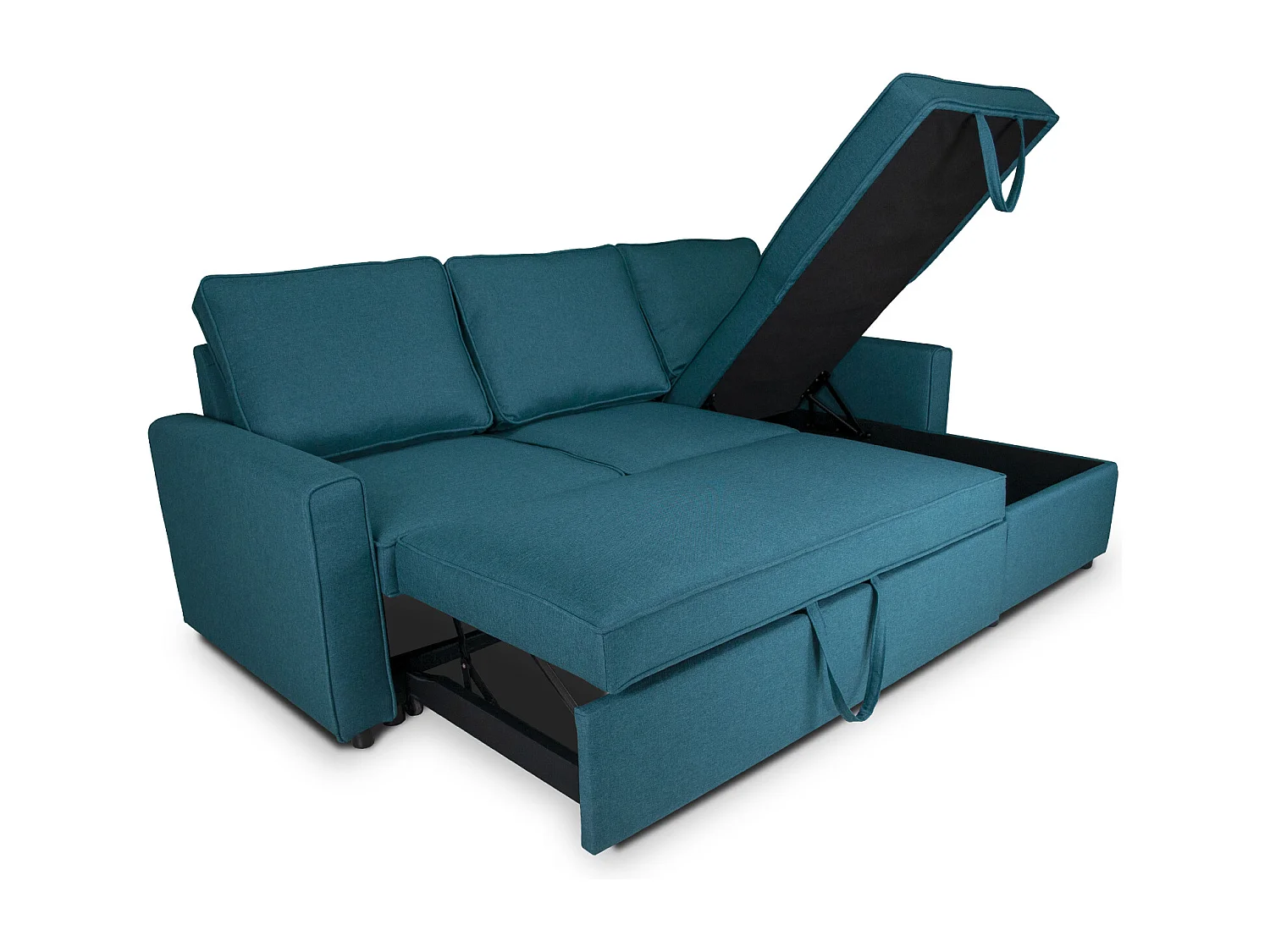 Divano letto angolare con contenitore, divano con chaise longue blu petrolio mod. Kennedy