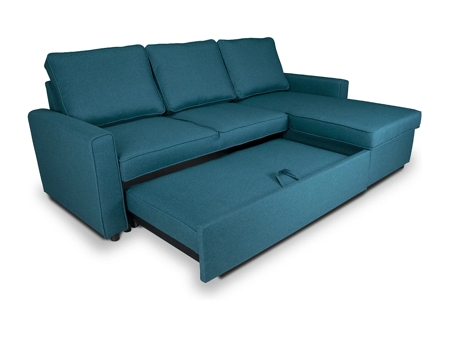 Divano letto angolare con contenitore, divano con chaise longue blu petrolio mod. Kennedy