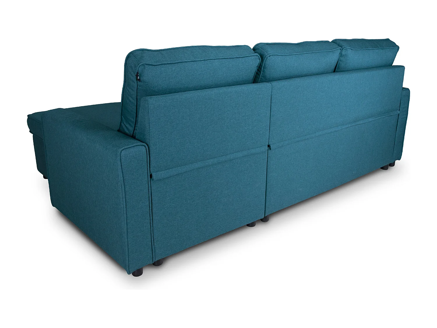Divano letto angolare con contenitore, divano con chaise longue blu petrolio mod. Kennedy