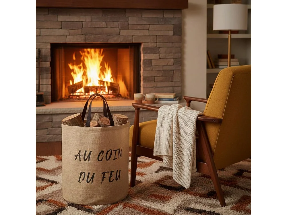 Sac rond en jute naturel plastifié Au coin du feu